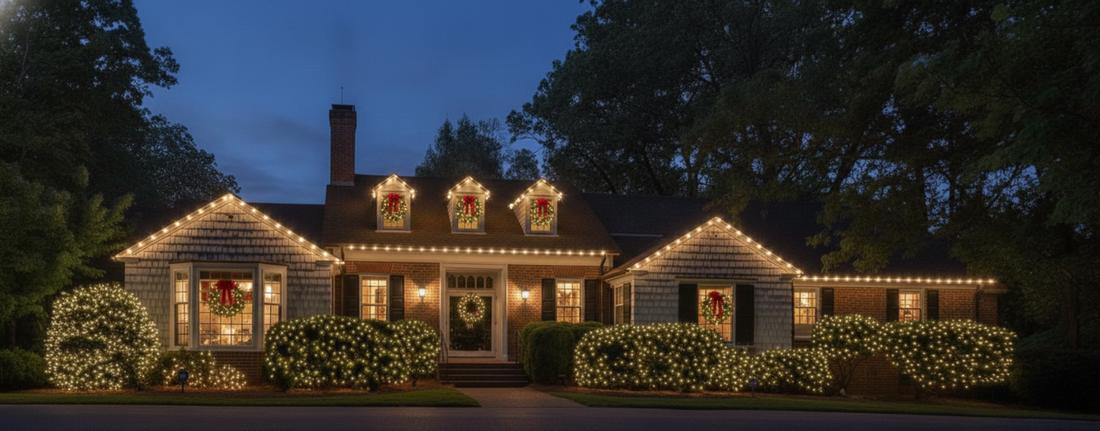 Design concept rendering of a brick High Point-style ranch with warm white C9 roofline lights, lit dormer wreaths and glowing landscape bushes