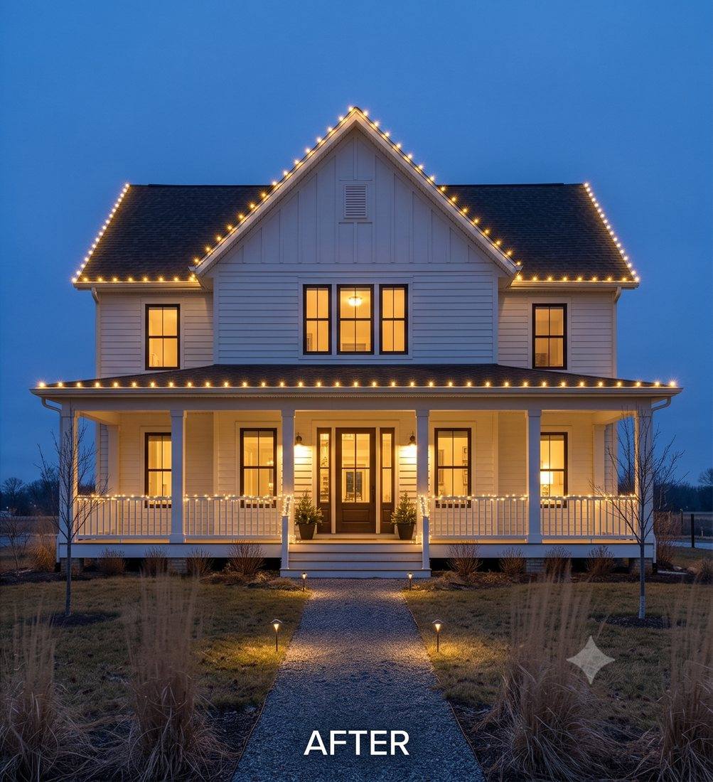 Design concept rendering of a two-story Greensboro-style farmhouse with warm white C9 lights along the rooflines and porch