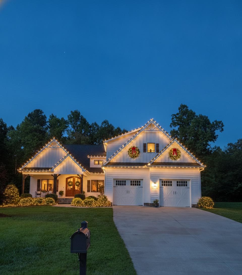 Design concept rendering of a modern farmhouse with warm white C9 lights on every gable peak and wreaths above the garage
