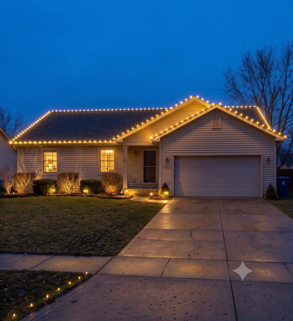 Design concept rendering of a single-story ranch home with warm white C9 roofline lights and landscape lighting