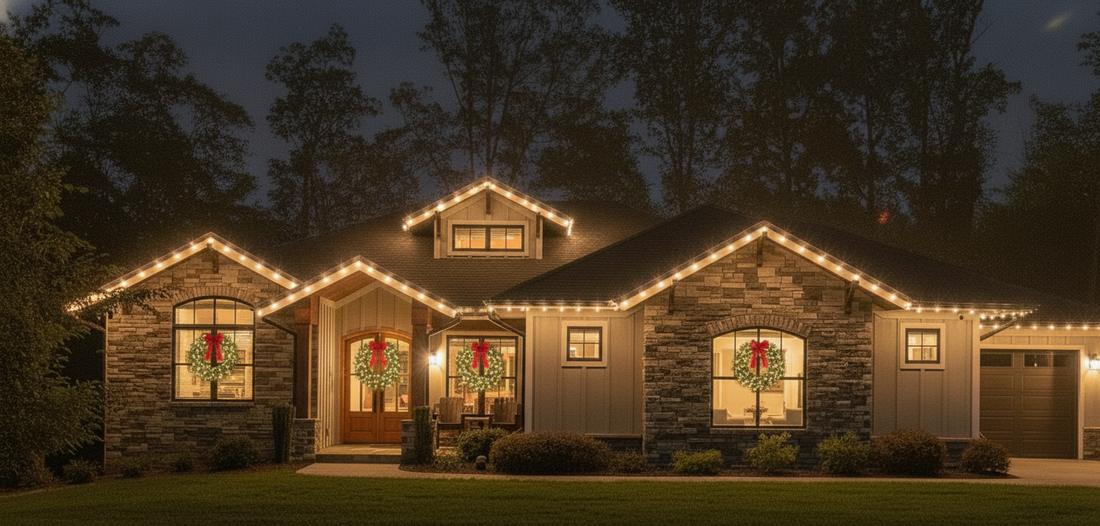 Design concept rendering of a stone craftsman ranch in Clemmons with warm white C9 roofline lights and lit window wreaths with red bows
