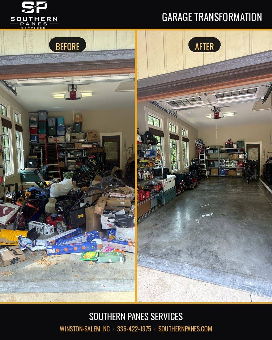 Before and after: a cluttered garage transformed into a clean, organized space by Southern Panes