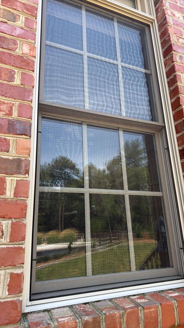 The same window after a Southern Panes pure-water cleaning — spotless glass, screen cleaned and reinstalled
